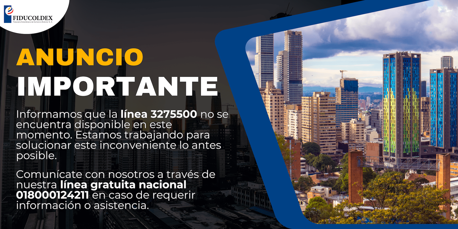 Anuncio teléfono Fiducoldex línea de atención